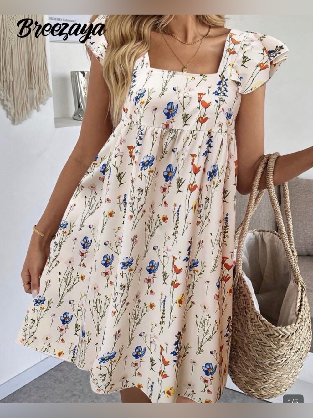 Cream Floral Square-Neck Summer Dress